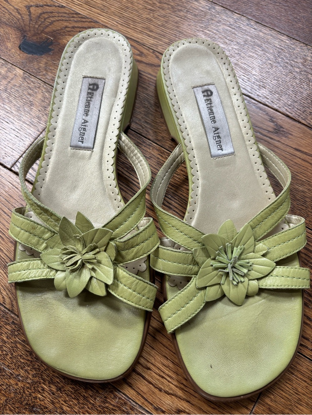 Etienne Aigner Olive Green Floral Leather Slide Sandals